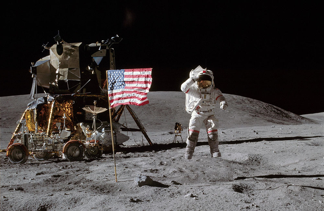 Young salutes the American flag on the Moon during Apollo 16 mission in a photo taken by astronaut Charles Duke Jr. on April 21, 1972 (NASA)